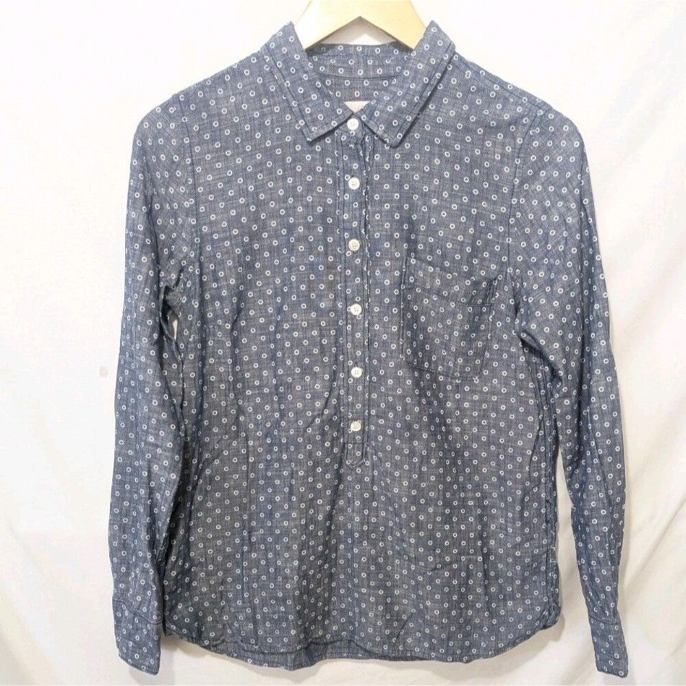 J. Crew Sz 6 Women's Top Blue & White Circle Pattern Pullover  3/4 Button Shirt